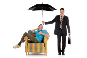 attorney holding umbrella over client