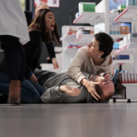 People holding man with seizure symptoms