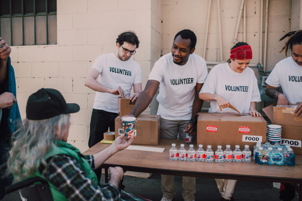 Volunteers packing boxes